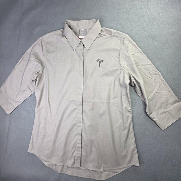 Tesla Shirt Womens L Gray Button Down 3/4 Sleeve Embroidered Logo Stretch Moto - Picture 13 of 13